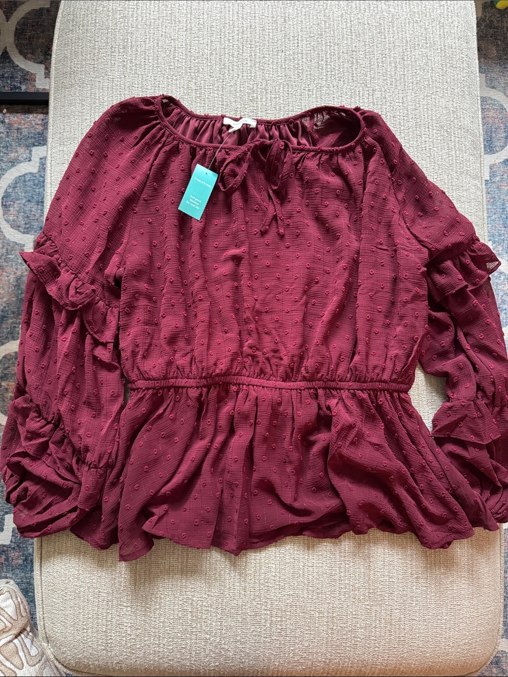 Maurices Burgundy Textured Ruffle Waist Long Sleeve Top